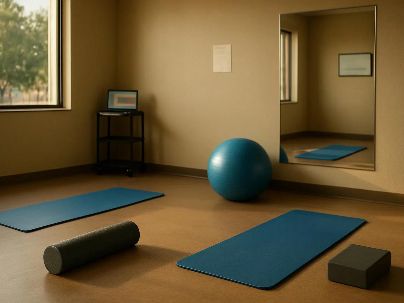 An empty exercise room shows yoga mats, a blue stability ball, a foam roller, and a block beside a wall mirror