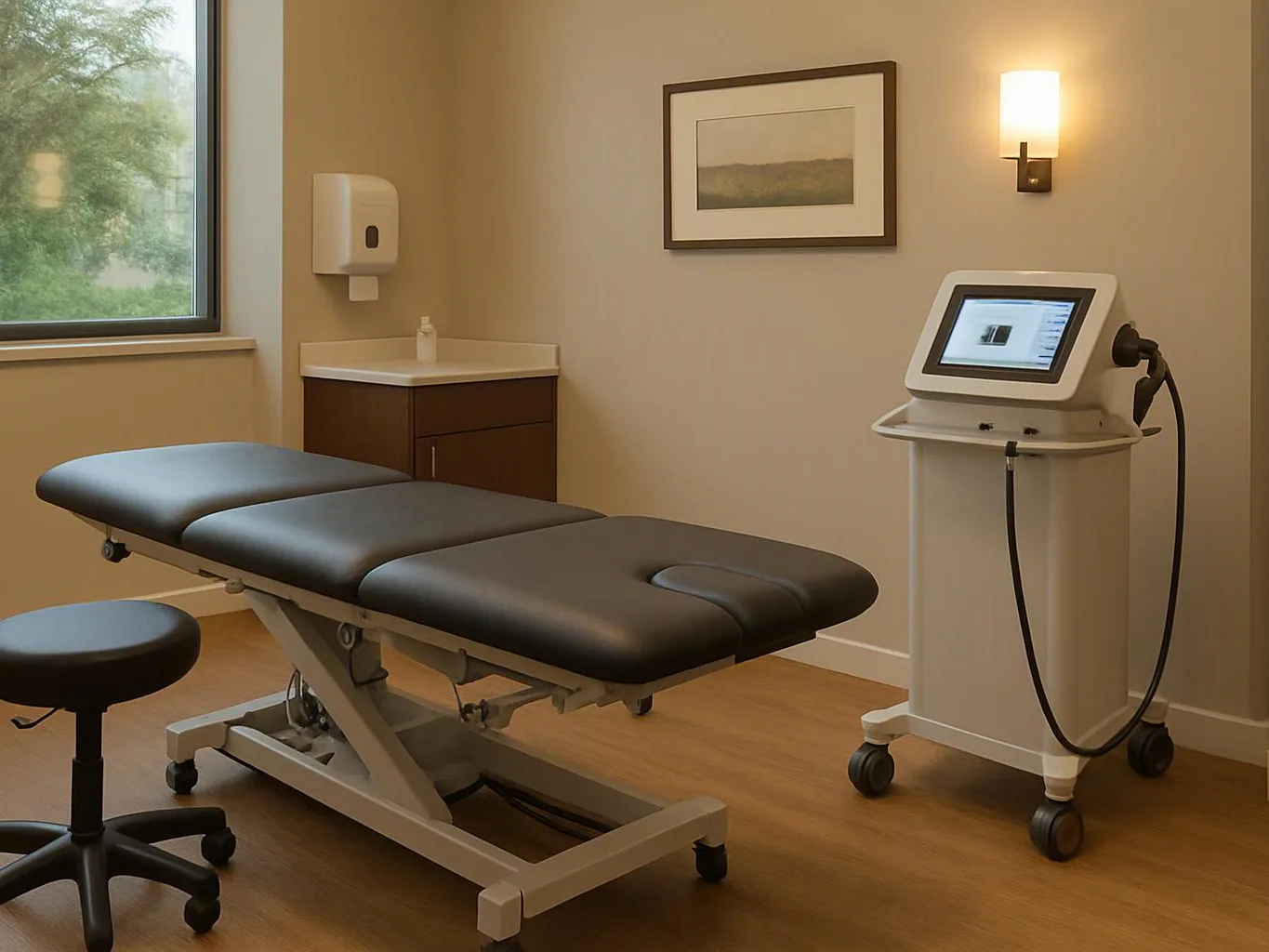 An empty medical exam room shows a padded treatment table, a rolling device cart, and a window with trees outside