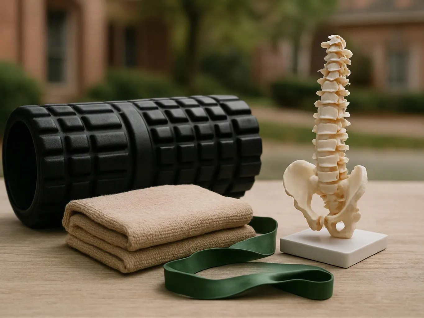A foam roller, folded towels, green resistance band, and spine model sit on a wooden table outdoors