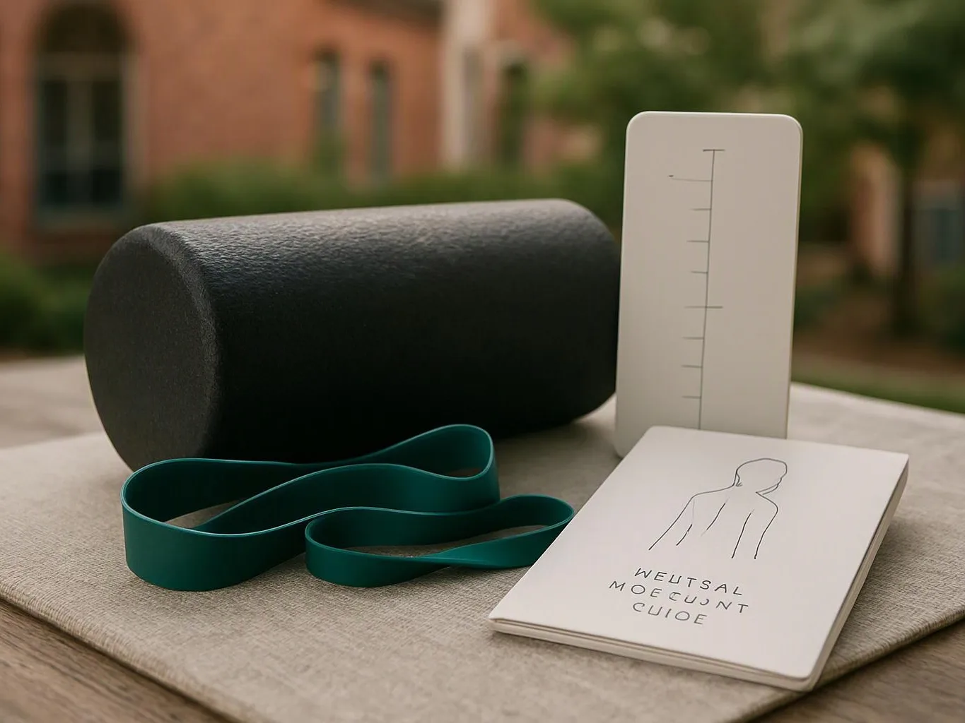 A foam roller, resistance band, and posture booklet rest on a table outdoors with a blurred building behind them