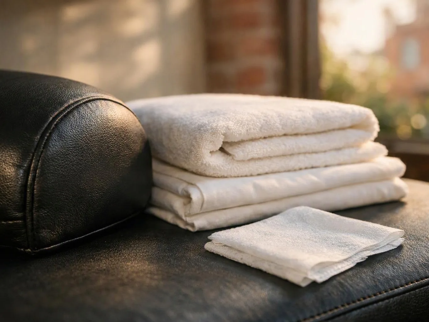 Folded white towels rest beside a black leather cushion in warm sunlight