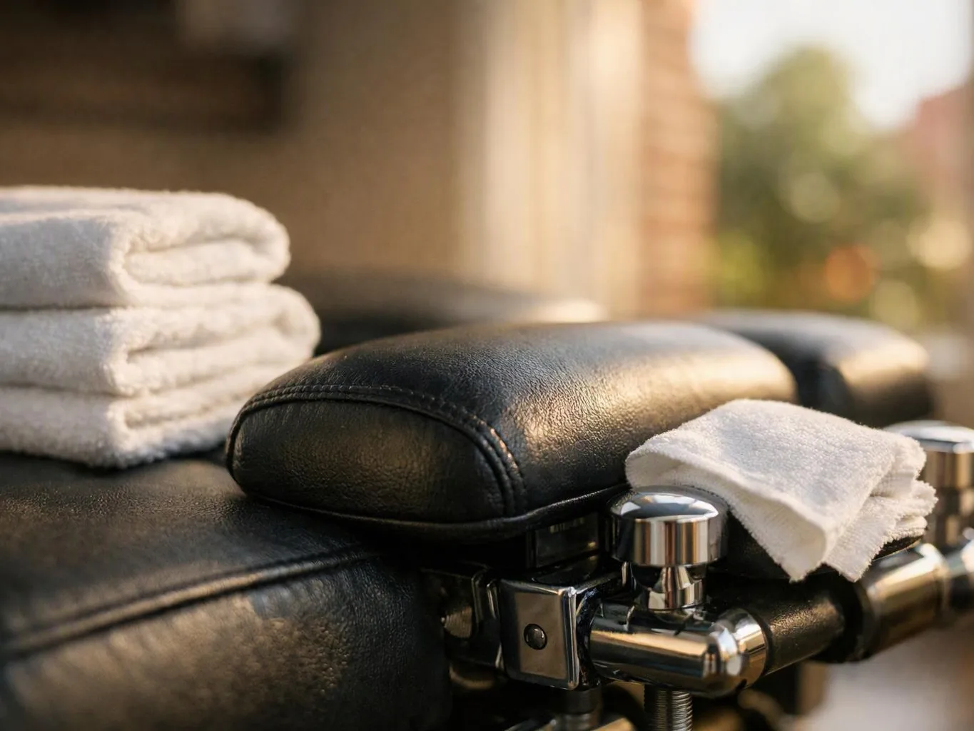 Folded white towels sit on a black leather massage chair beside shiny metal controls in warm sunlight