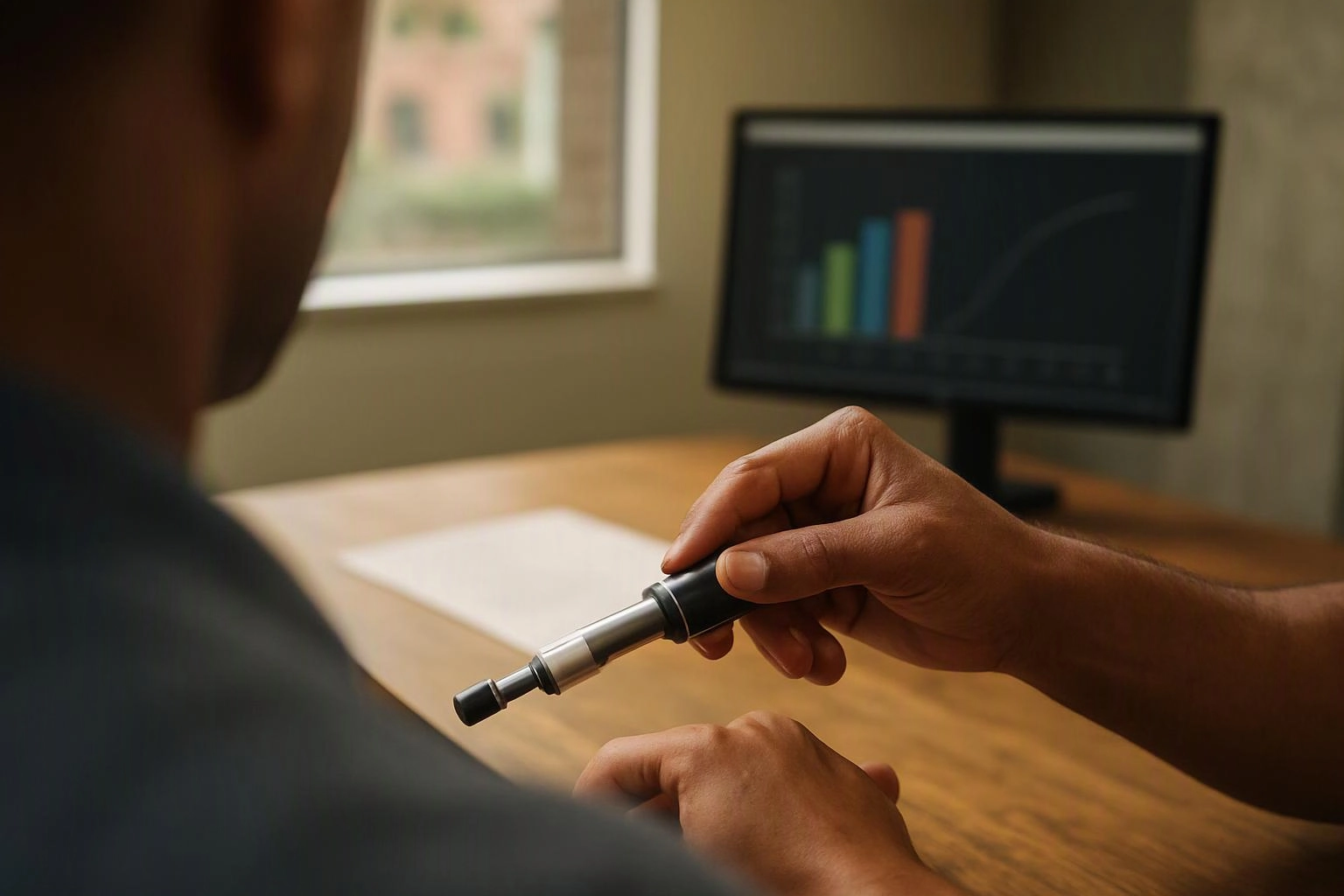 A person holds a pen-like device over a wooden desk, with a blurred chart on a monitor in the background