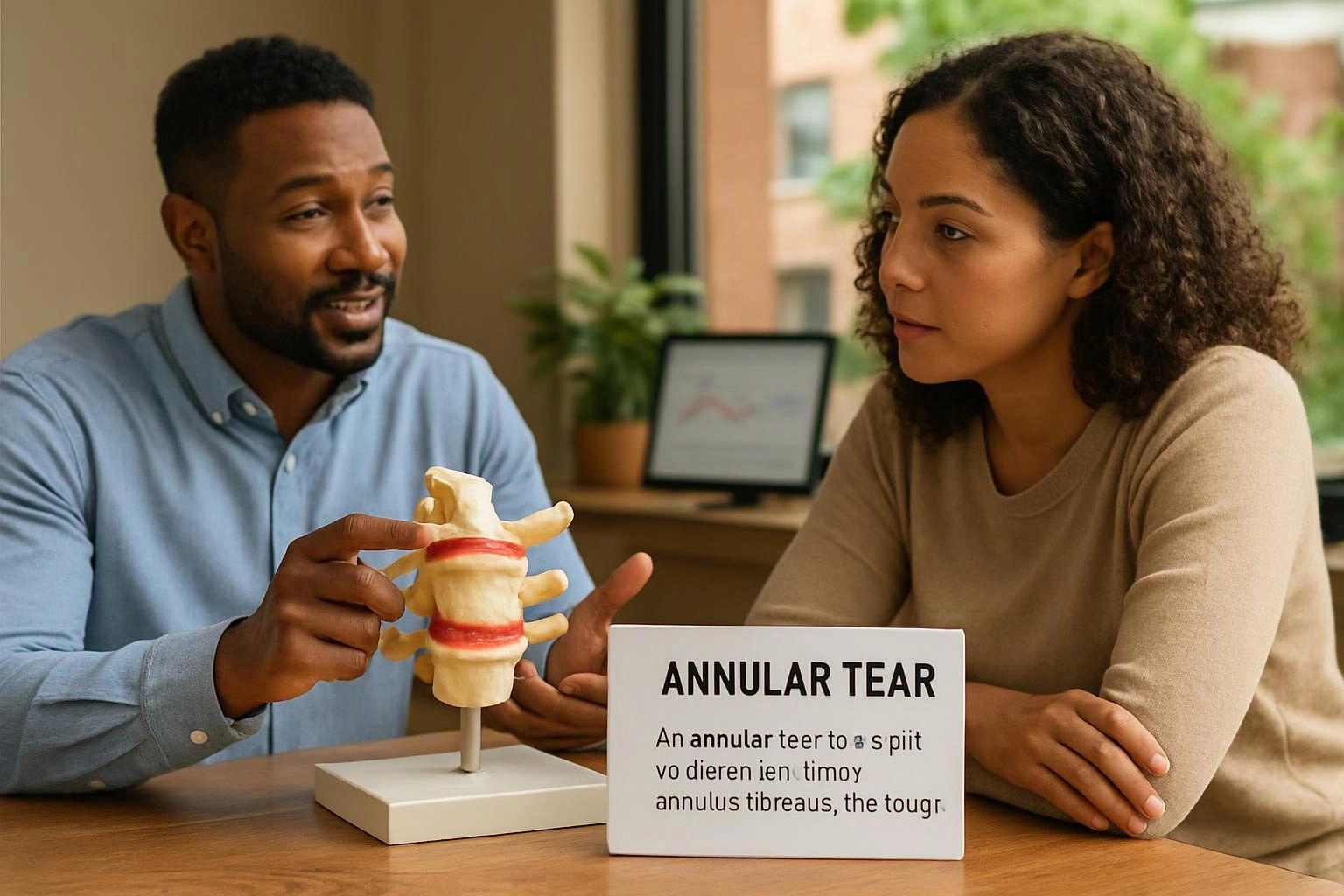 A man explains a spine model to a woman at a table beside an “ANNULAR TEAR” sign
