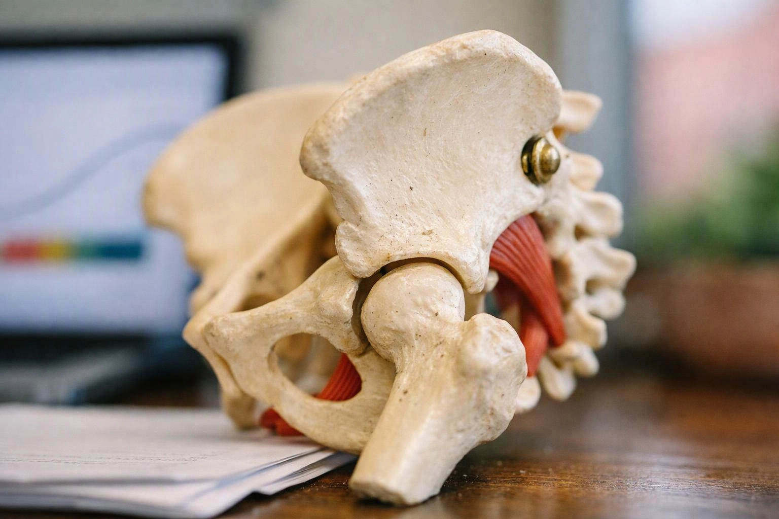 A plastic human pelvis and hip joint model rests on papers beside a blurred monitor on a desk