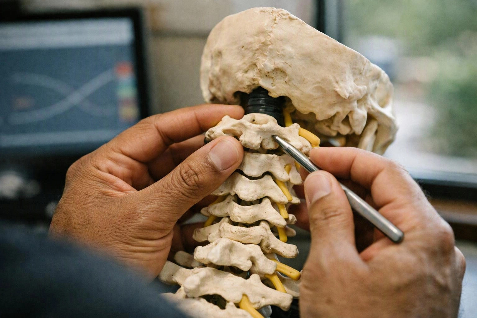 Hands use a metal pointer to examine a cervical spine model in a lab setting