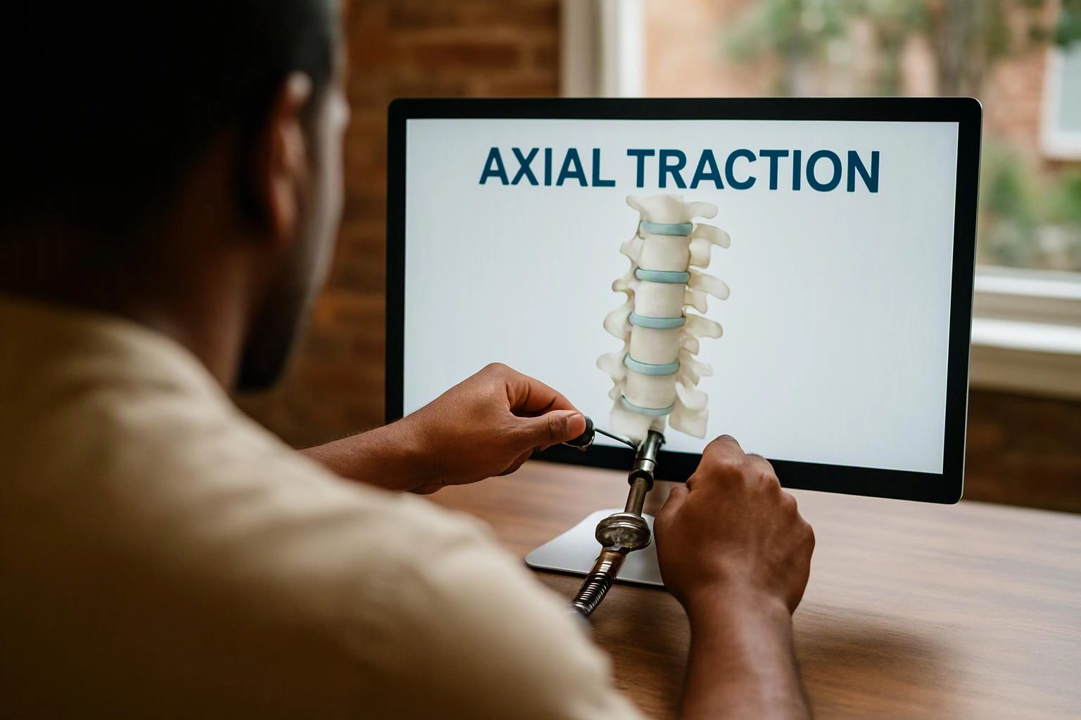 A person adjusts a metal tool in front of a monitor showing “AXIAL TRACTION” and a spine diagram