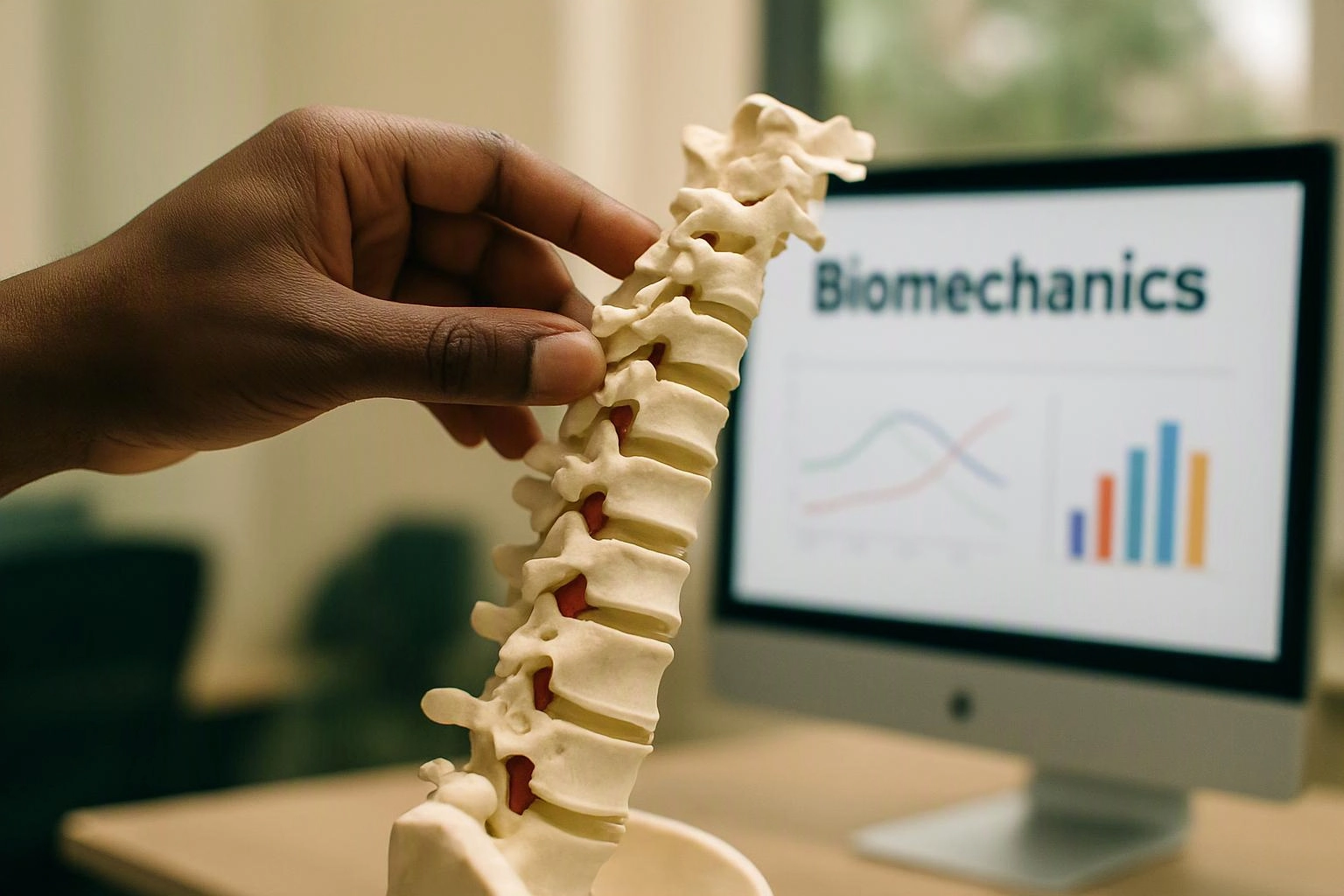 A hand holds a spine model in front of a monitor showing “Biomechanics” and simple charts