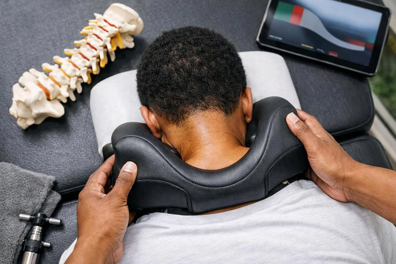 A person lies face down while hands hold a black neck support on a treatment table, with a spine model and tablet nearby