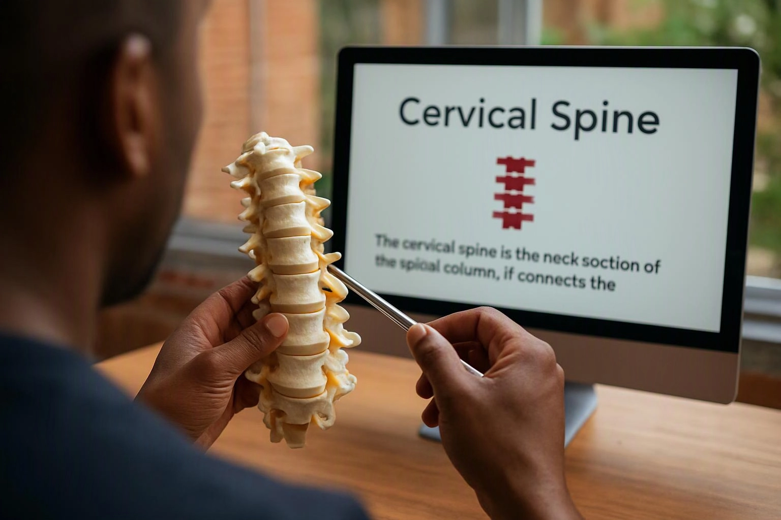 A person points to a spine model beside a computer screen titled "Cervical Spine"