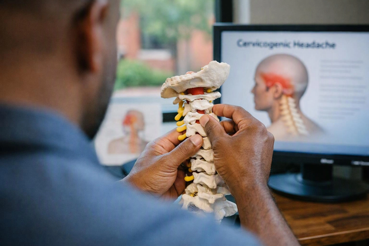 A person holds a neck vertebra model beside a monitor showing a cervicogenic headache diagram