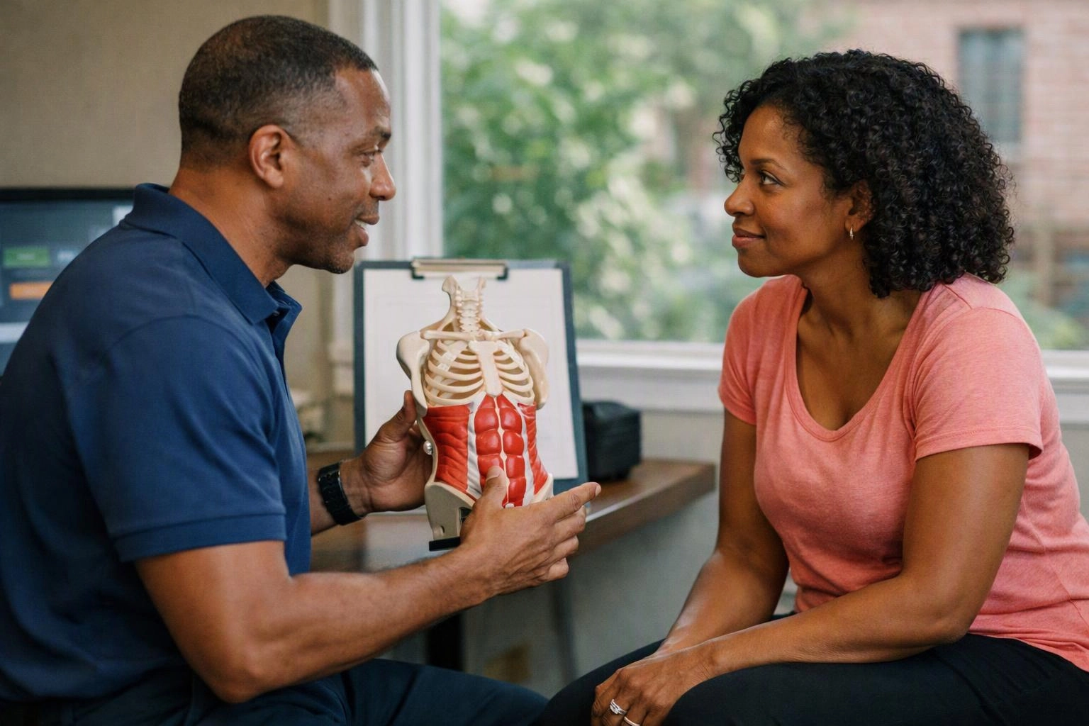 A man explains a torso model to a seated woman in a bright office with a window behind them