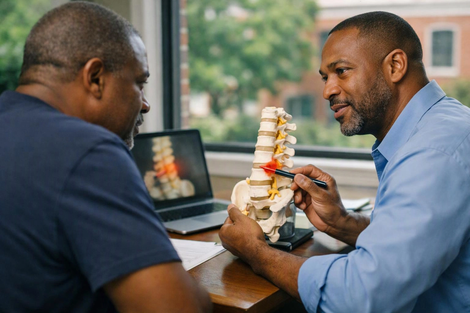 Two men study a spine model at a desk, with one pointing at a painful lower back area in an office setting