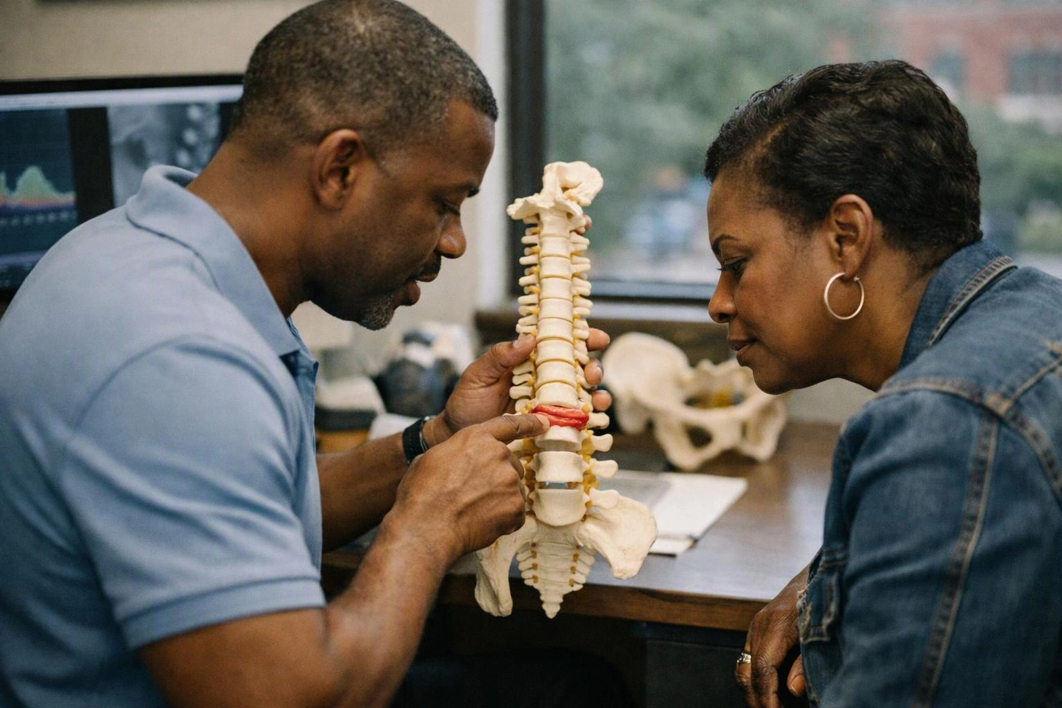 Two adults study a spine model at a desk in a classroom or office setting
