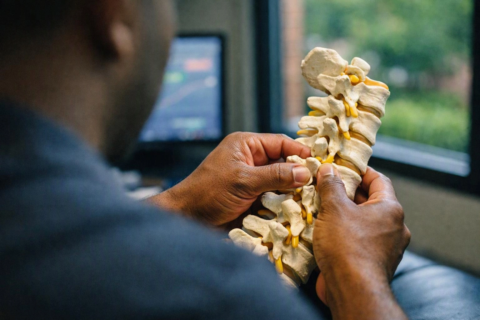 A person holds a spine model close up, studying the vertebrae beside a blurred computer screen