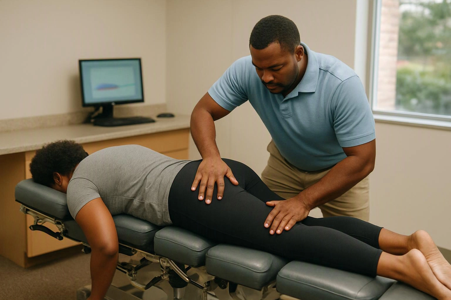 A man presses on a woman’s lower back while she lies face down on a treatment table in a clinic room
