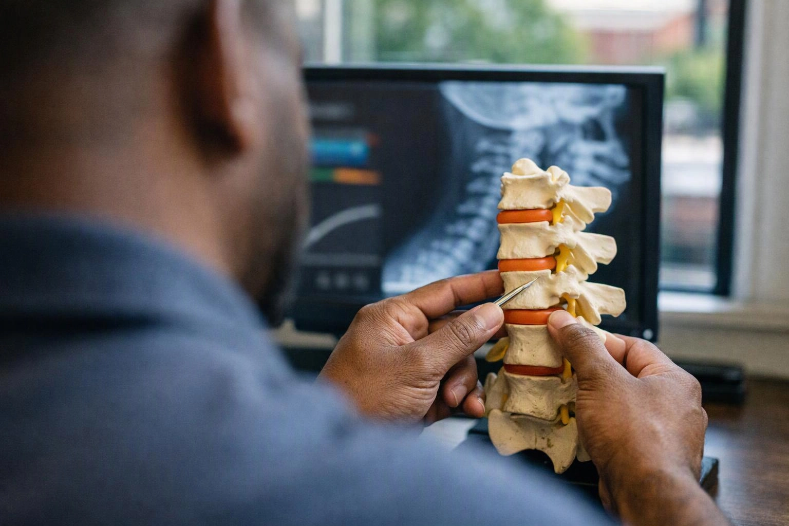 A person studies a spine model with tweezers while looking at an x-ray on a monitor