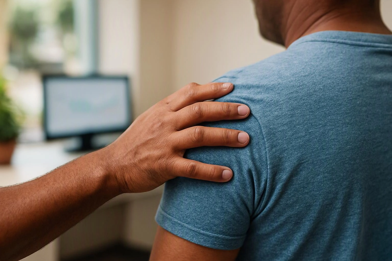 A hand rests on a man’s shoulder in a bright room with a blurred computer screen behind him