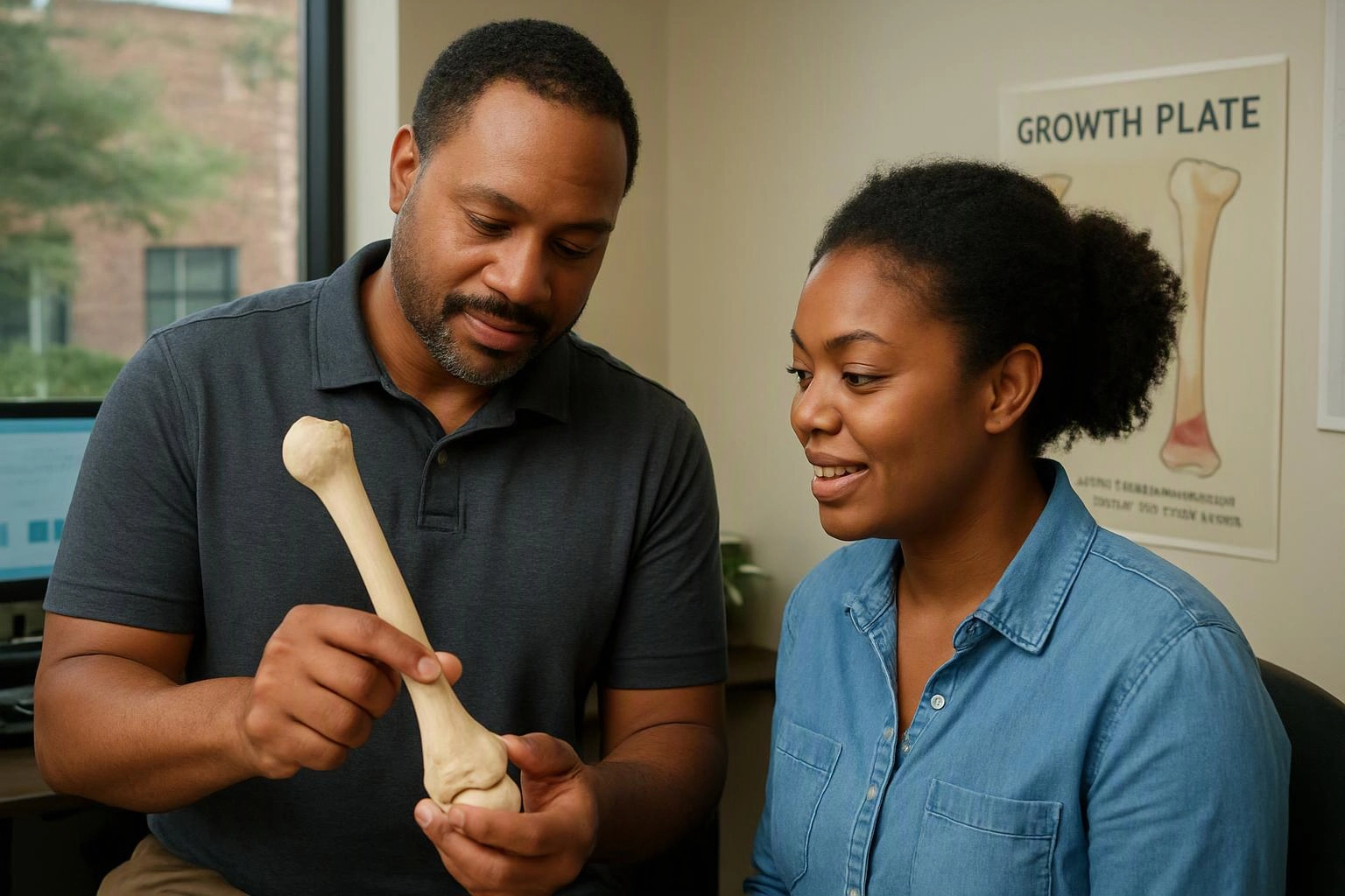 A man holds a bone model while a woman smiles beside him in a medical office with a growth plate poster