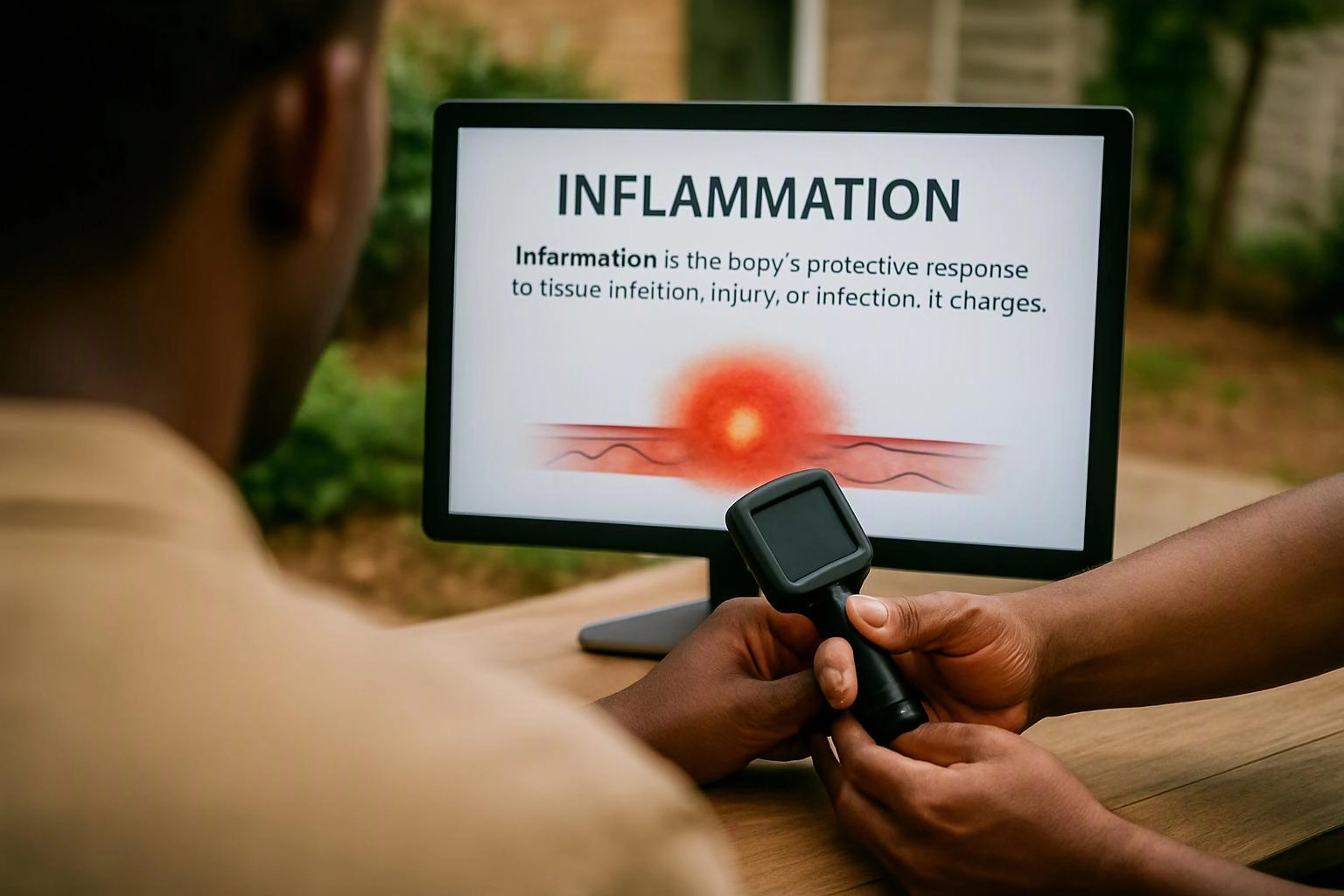Two people examine a handheld device beside a monitor showing an inflammation diagram outdoors