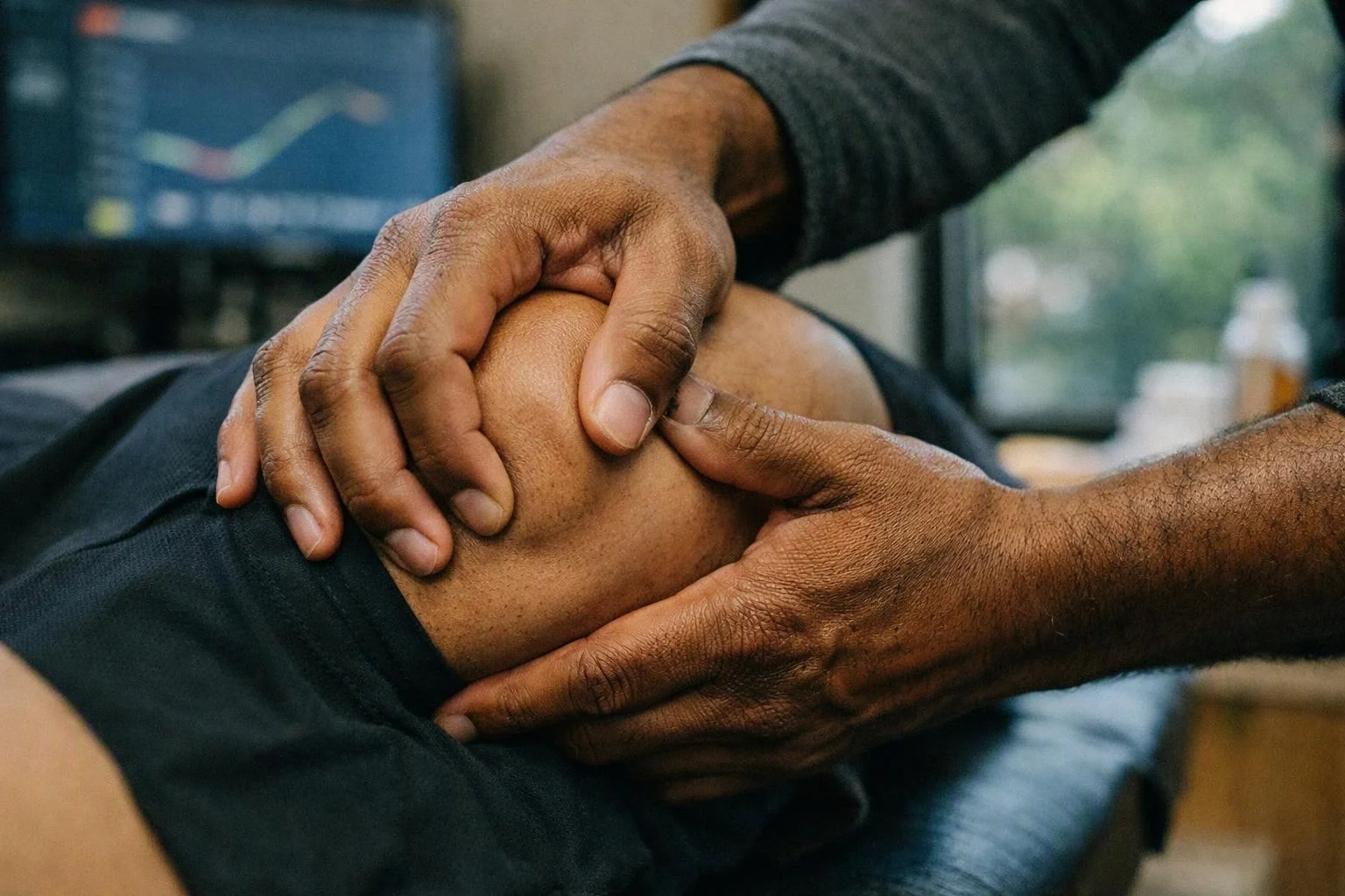Close-up of hands pressing a person's bent knee on a treatment table