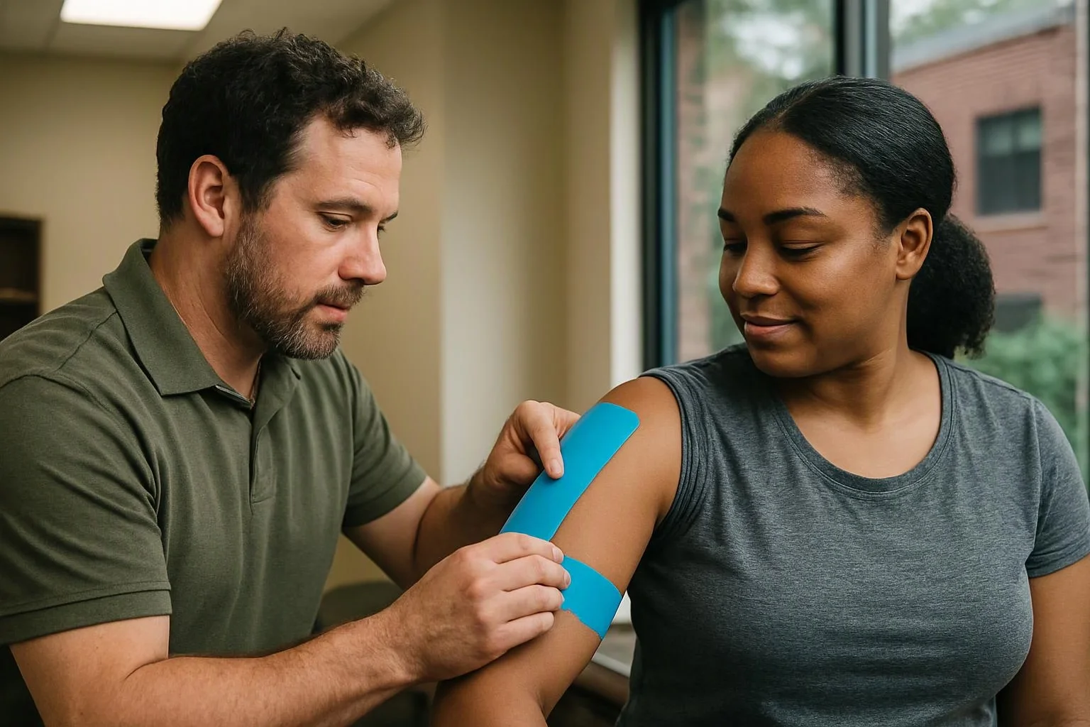 A man applies bright blue tape to a woman’s upper arm in a clinic room