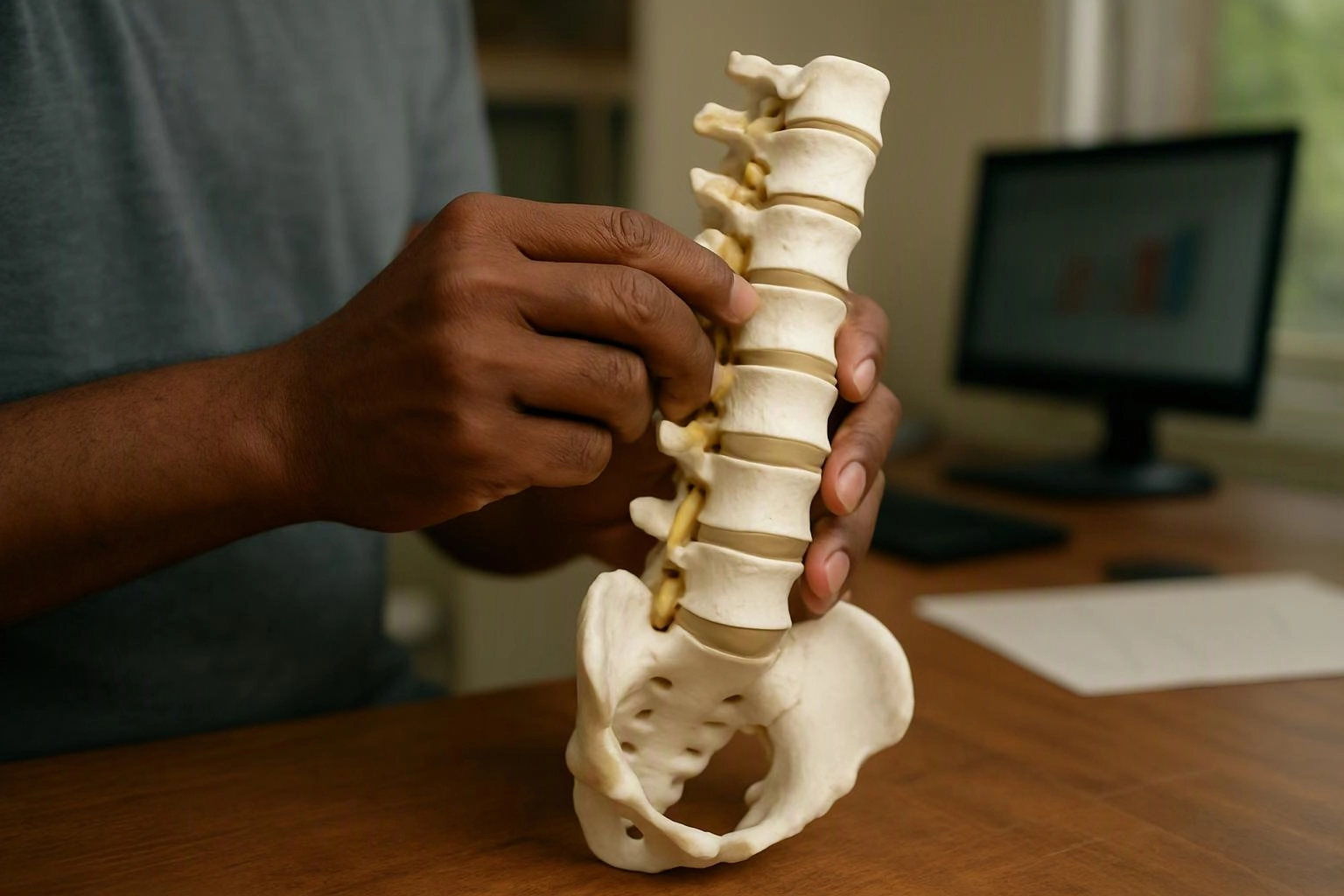 A person holds a model spine and points at the vertebrae on a desk
