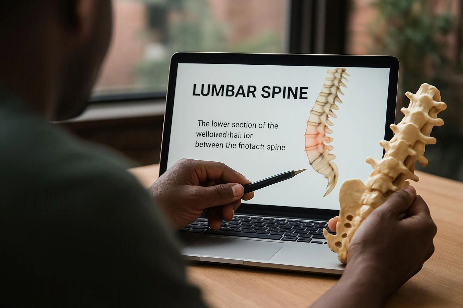 A person holds a spine model and points at a laptop showing a lumbar spine diagram and text