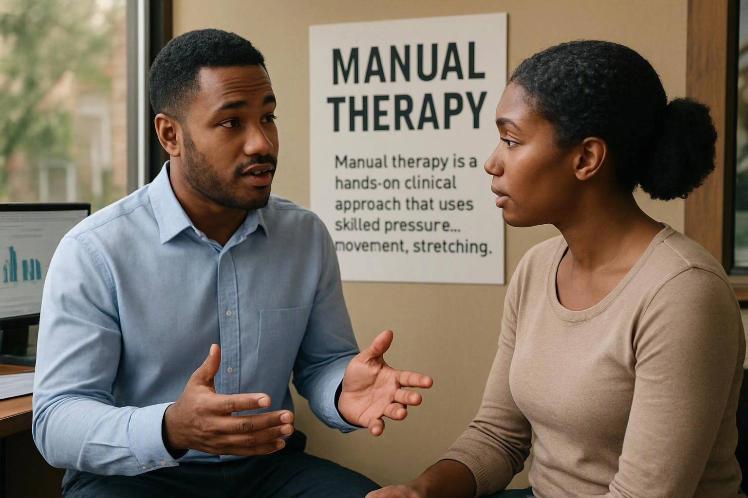 Two people talk closely in an office, with a poster reading “MANUAL THERAPY” on the wall behind them
