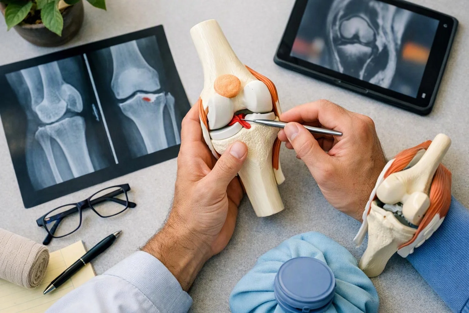 Hands examine a knee model beside x-ray images, a tablet, glasses, and medical tools on a desk