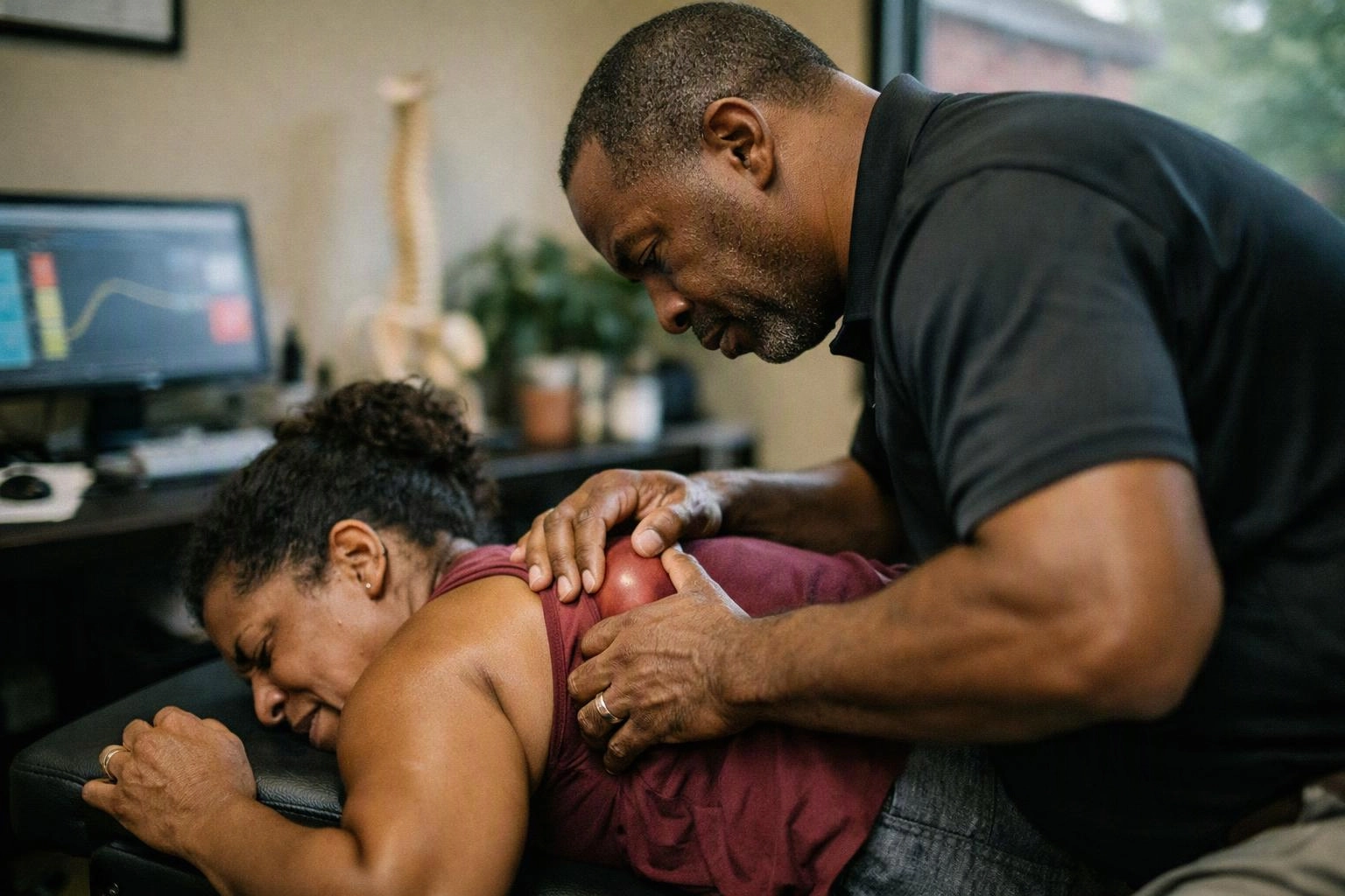 A man massages a woman’s back on a treatment table in a calm office setting