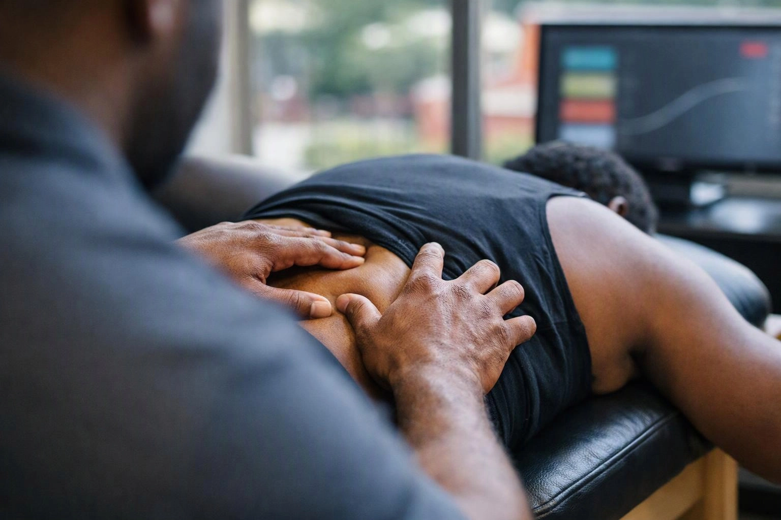 A therapist presses on a person’s lower back while they lie face down on a treatment table