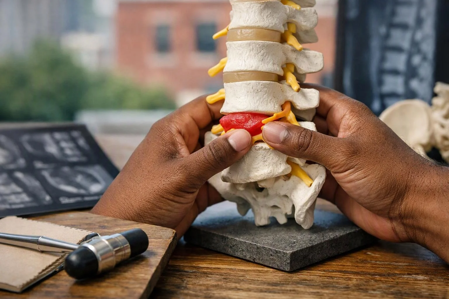 Hands hold a spine model with a red disc on a wooden desk beside a reflex hammer