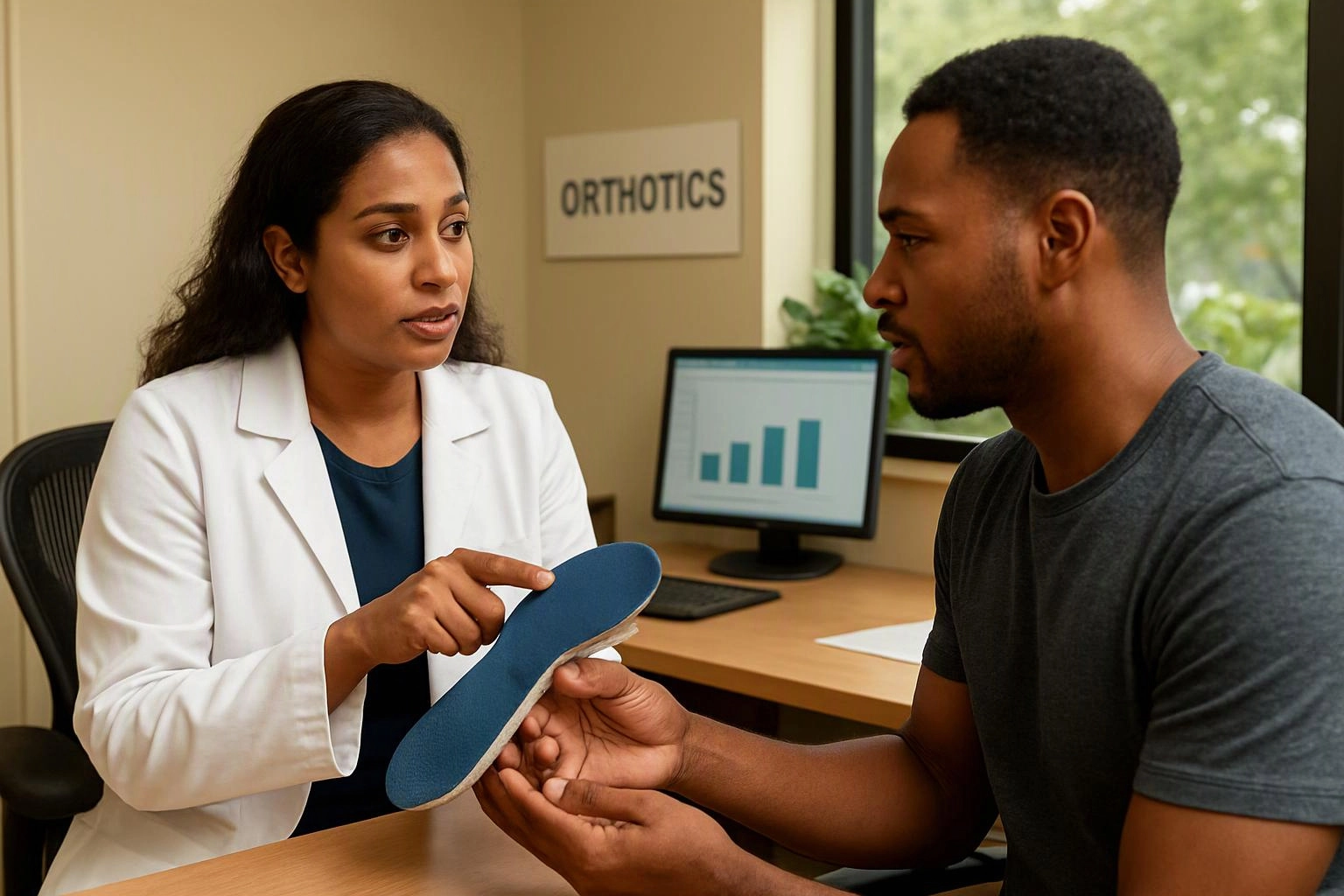 A clinician in a white coat shows a blue orthotic insert to a seated man in an exam room