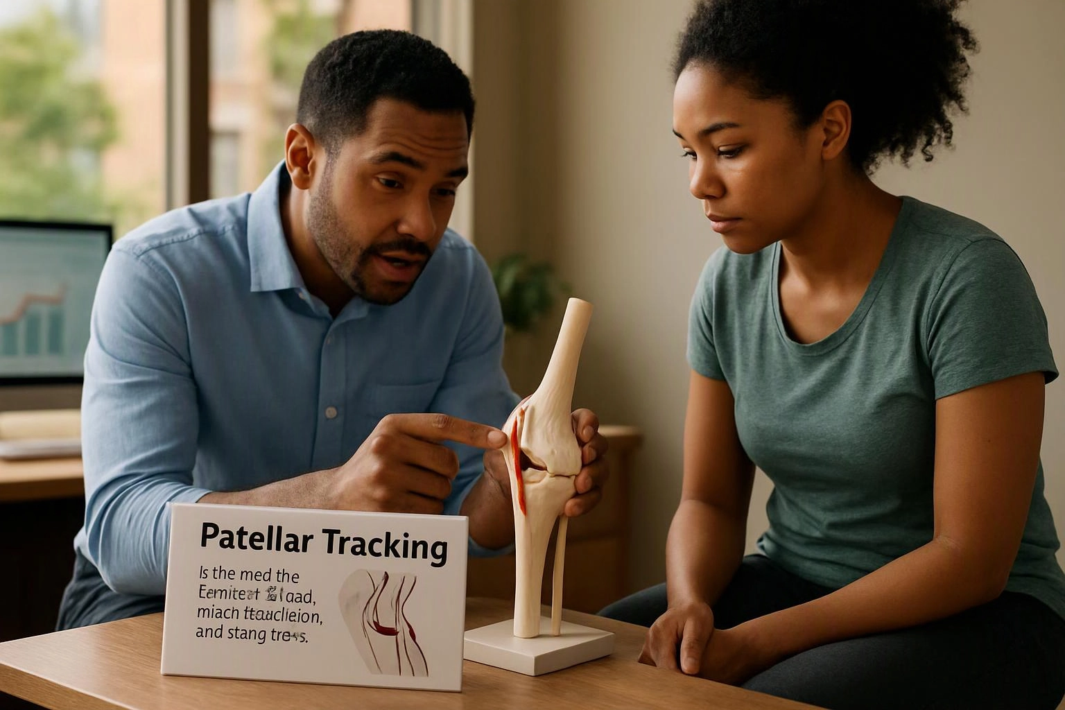 A man points to a knee model while a woman watches beside a table with a patellar tracking sign