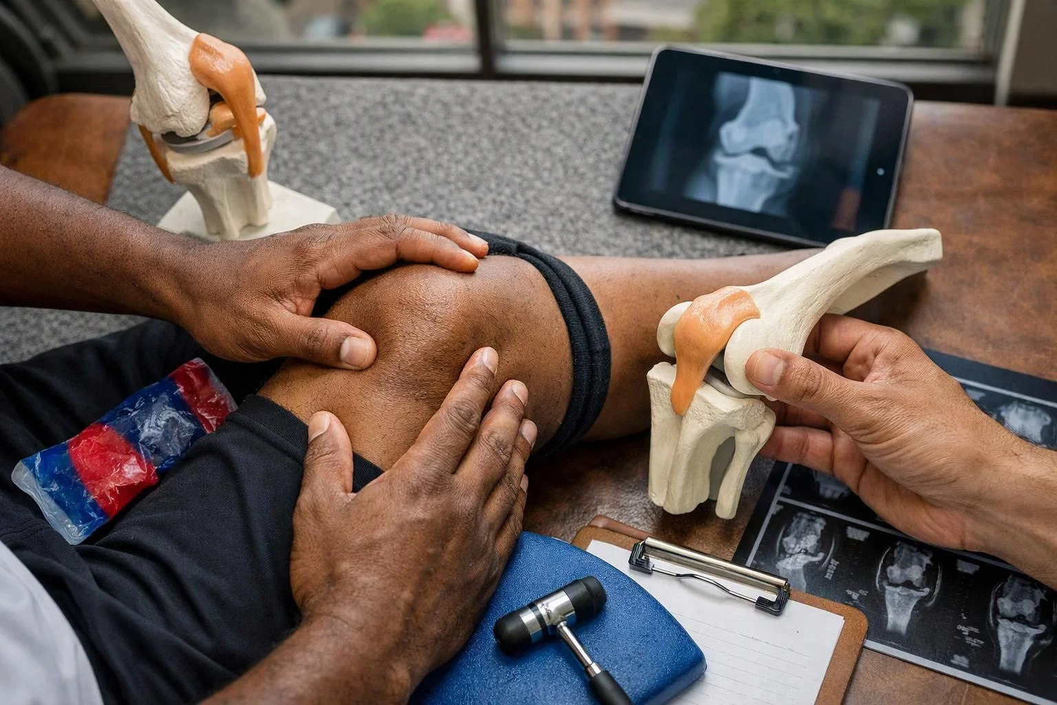 A doctor examines a bent knee with joint models, X-rays, and a tablet on the desk
