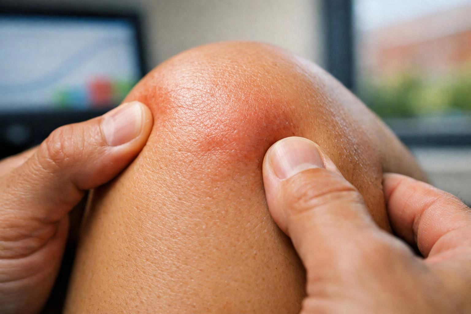 Hands press a swollen, reddened knee in a close-up indoor scene