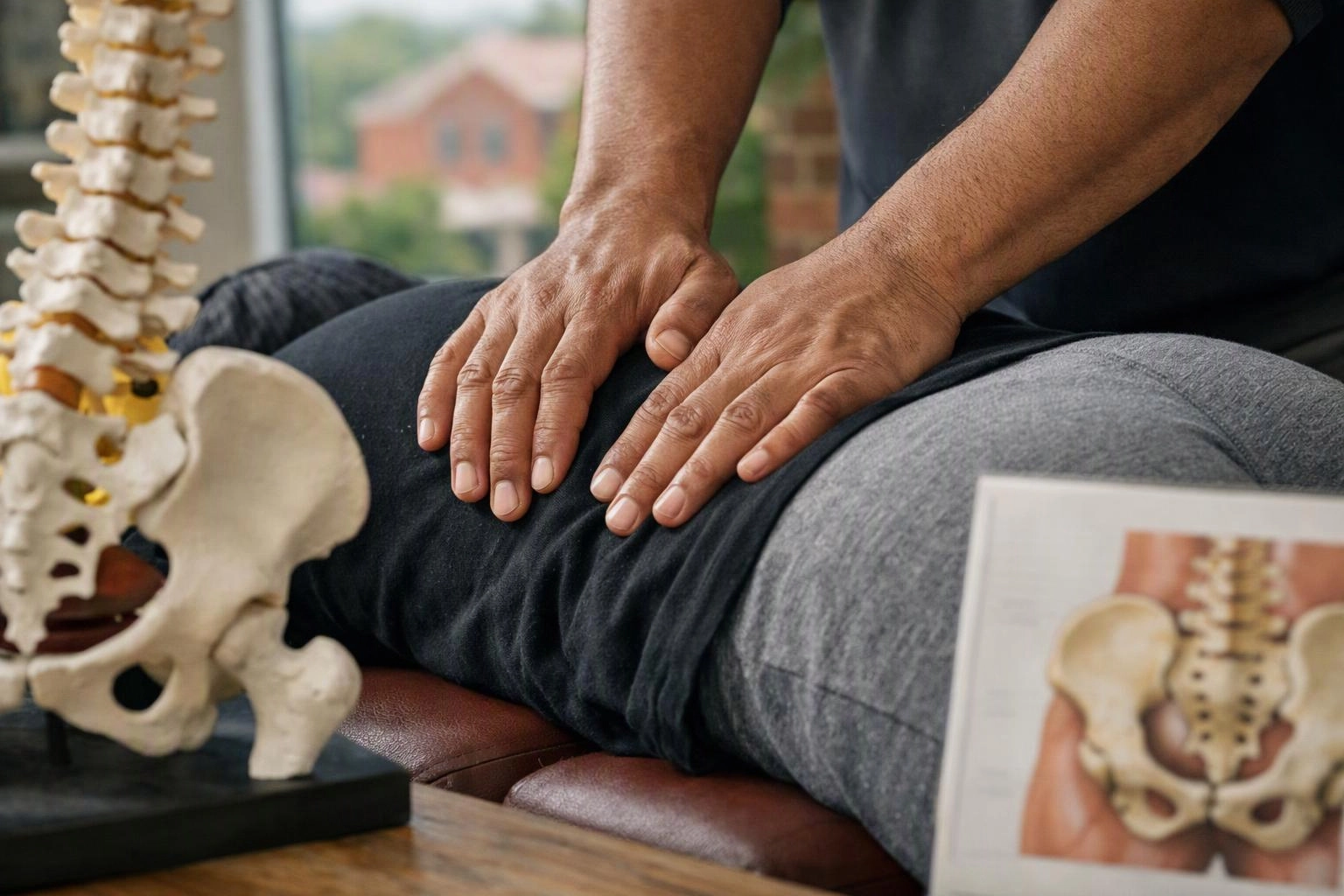A person receives a back massage on a treatment table beside a spine model and pelvic anatomy chart