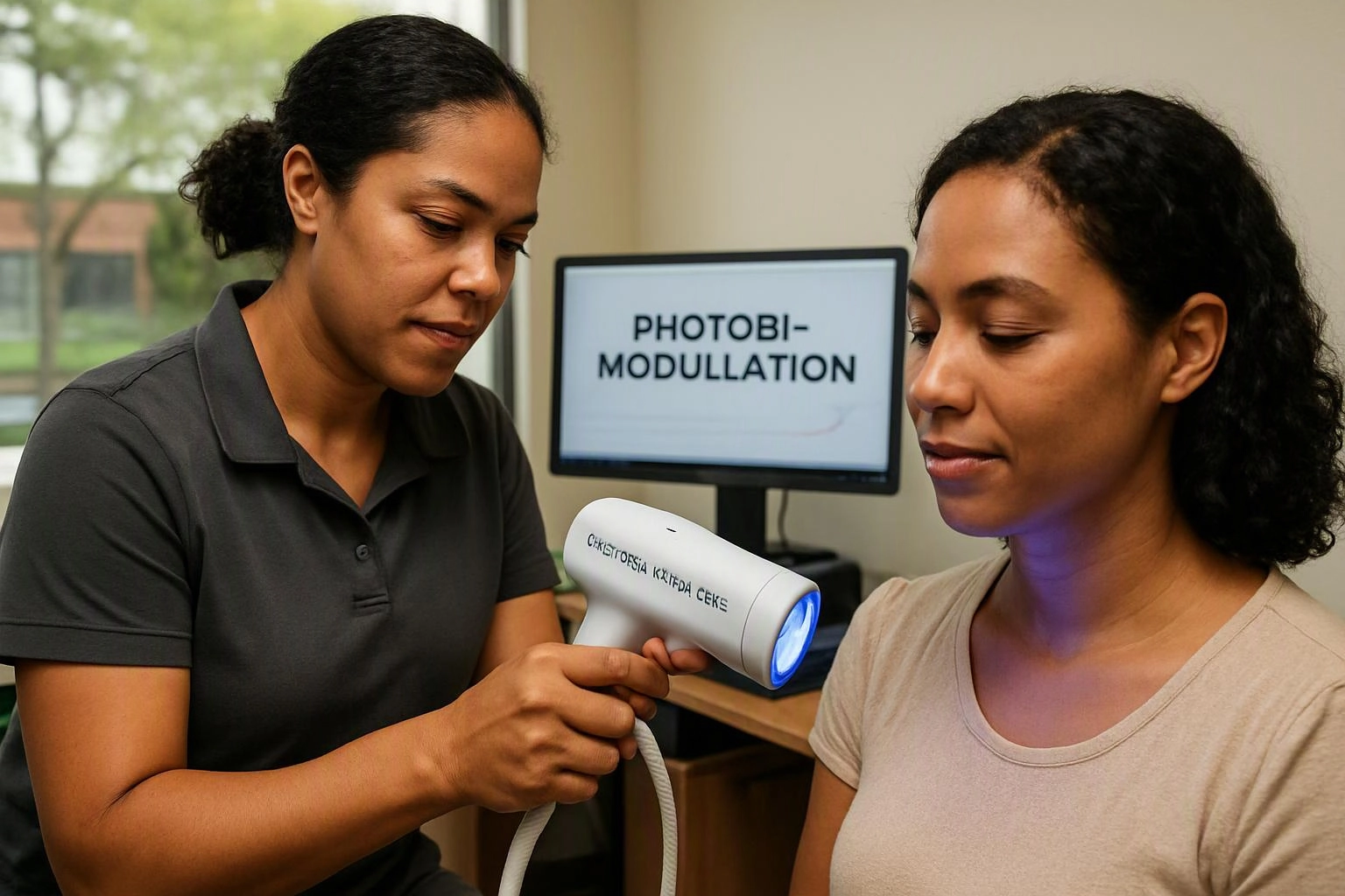 Two women in a room use a handheld light device on one woman’s neck, with a monitor behind them