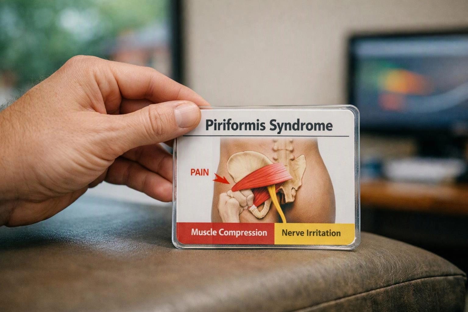 A hand holds a medical card showing a hip diagram labeled Piriformis Syndrome with pain, muscle compression