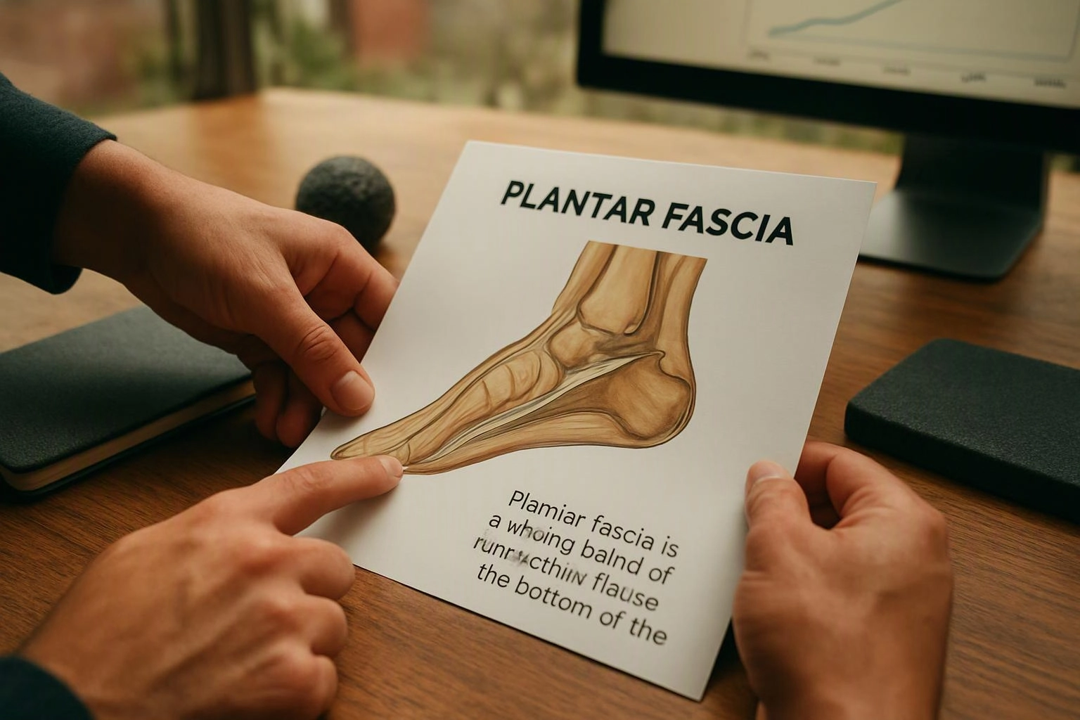 Hands point to a medical handout showing a foot illustration and the words “PLANTAR FASCIA” on a desk