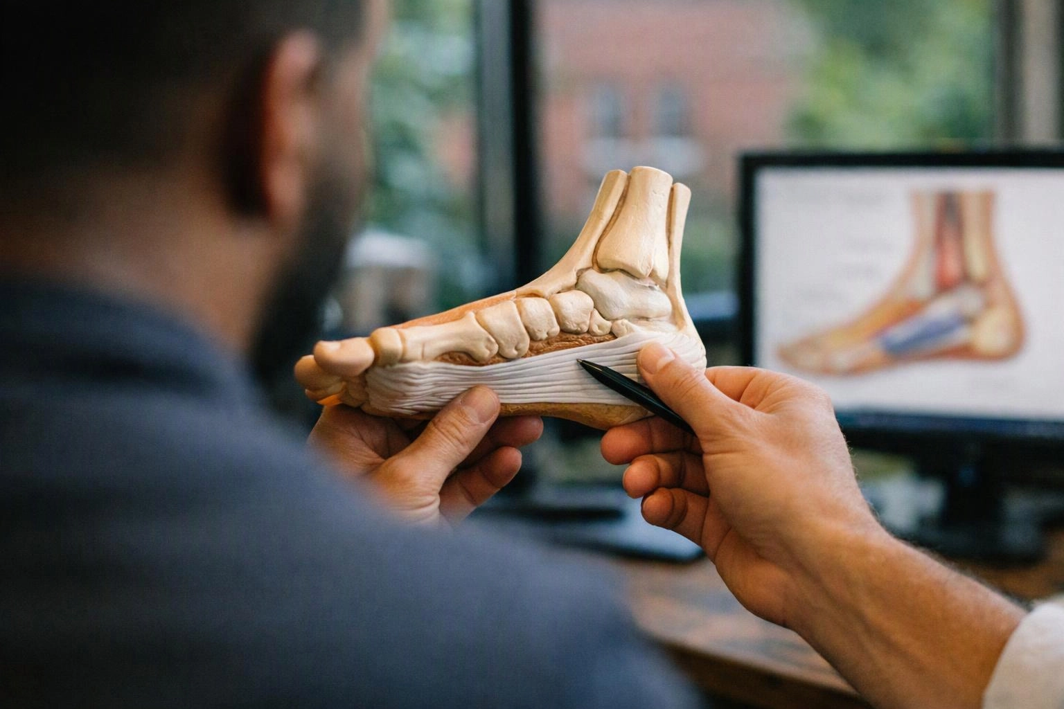 A man holds a foot model and points at the arch near a computer screen with a foot diagram