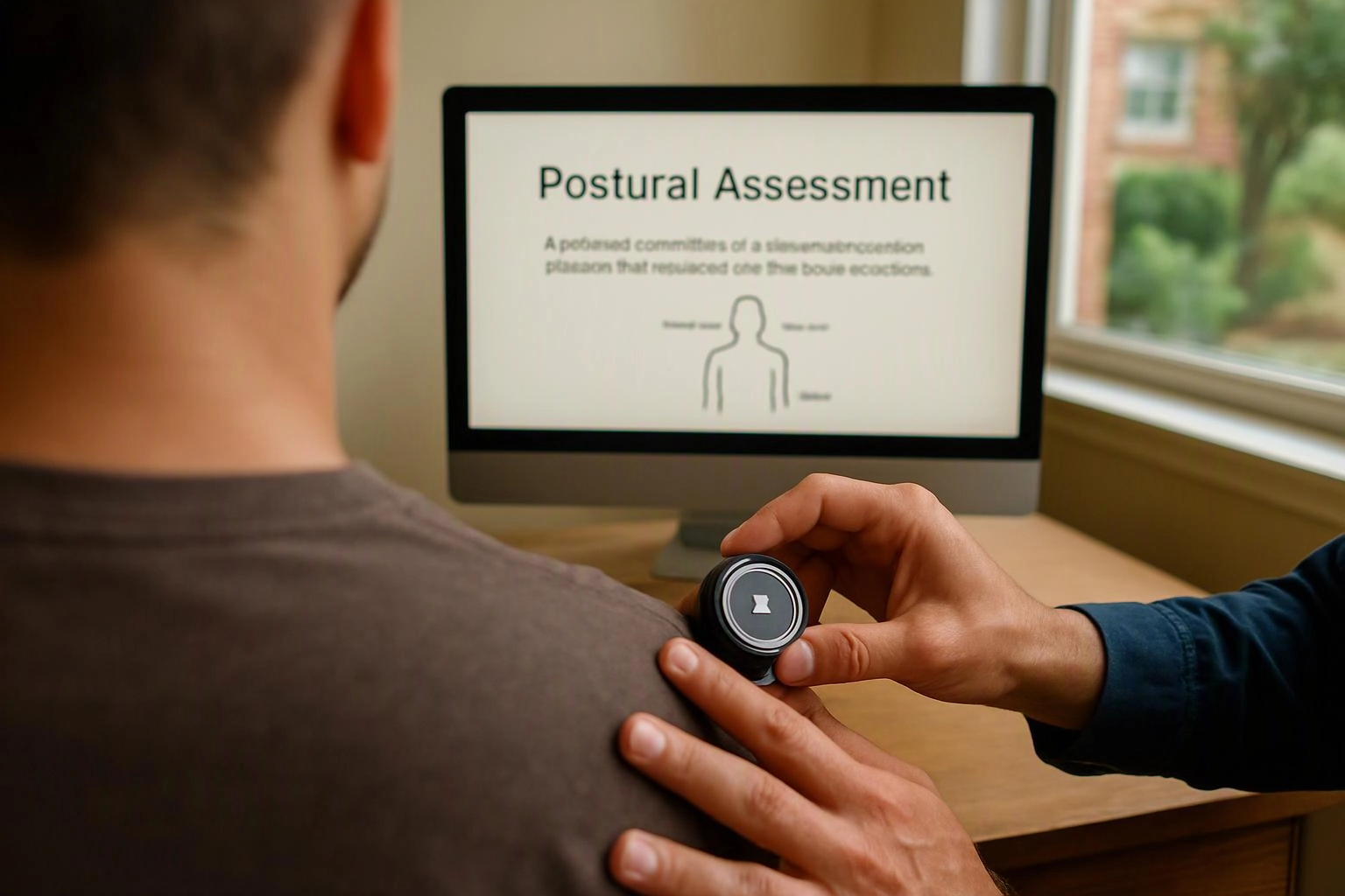 A clinician checks a man’s shoulder with a handheld device while a posture assessment shows on a monitor