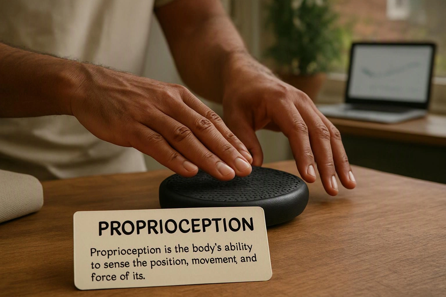 Hands hover over a black balance disk on a wooden table, with a labeled proprioception card in front