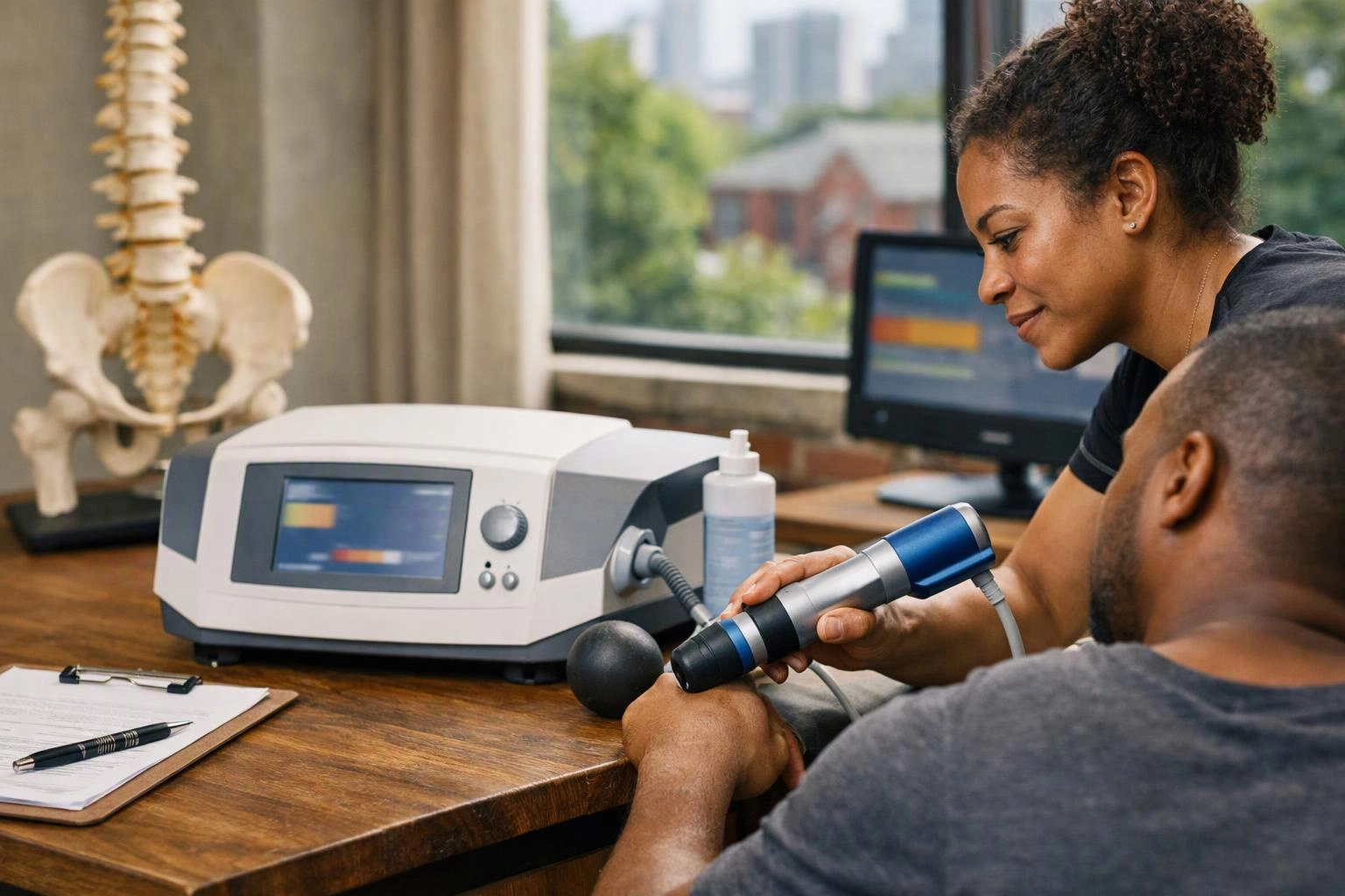 A woman uses a handheld therapy device on a seated man beside a medical machine in a bright clinic room