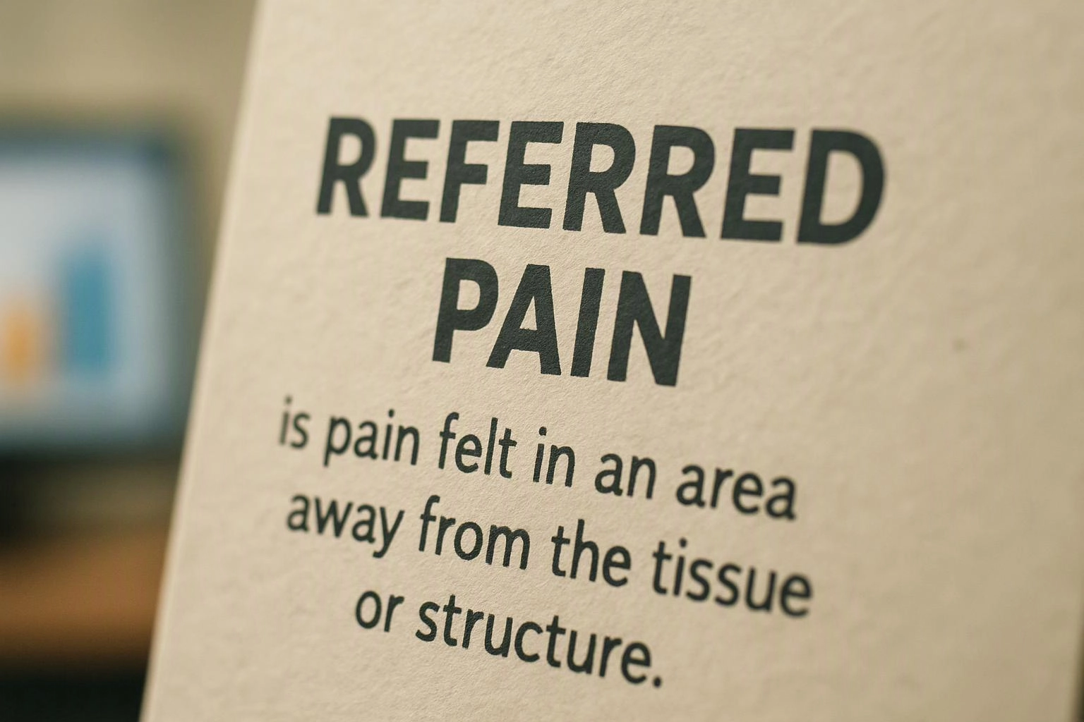 A close-up of a printed medical page shows the words “REFERRED PAIN” and a short definition