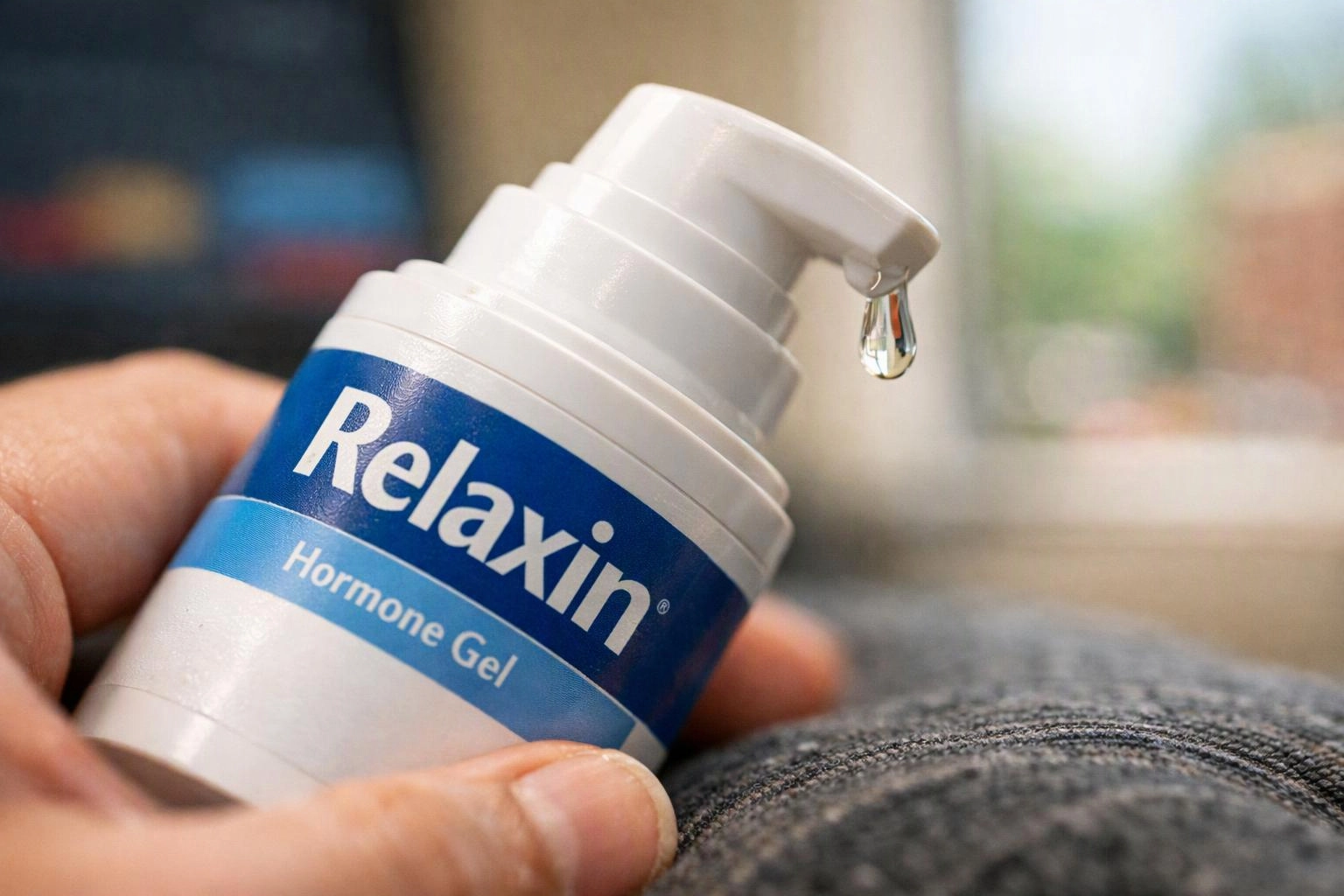 A hand holds a white bottle labeled “Relaxin Hormone Gel” with a droplet on the pump nozzle