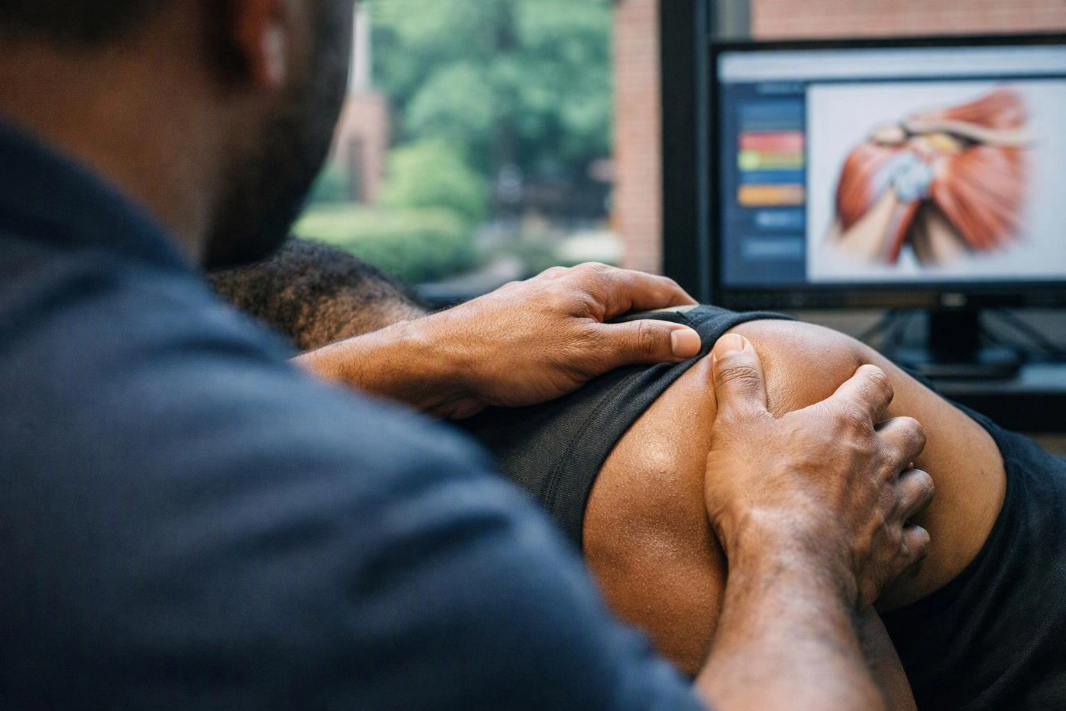 A therapist presses a patient’s shoulder while a medical image appears on a monitor in a clinic room