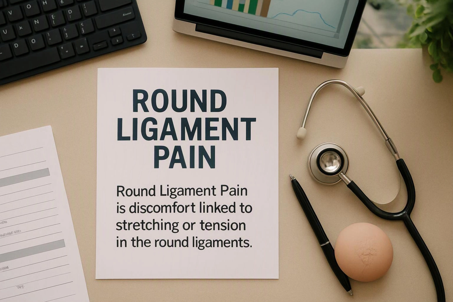 A medical desk displays a round ligament pain handout beside a stethoscope, pen, keyboard, and monitor