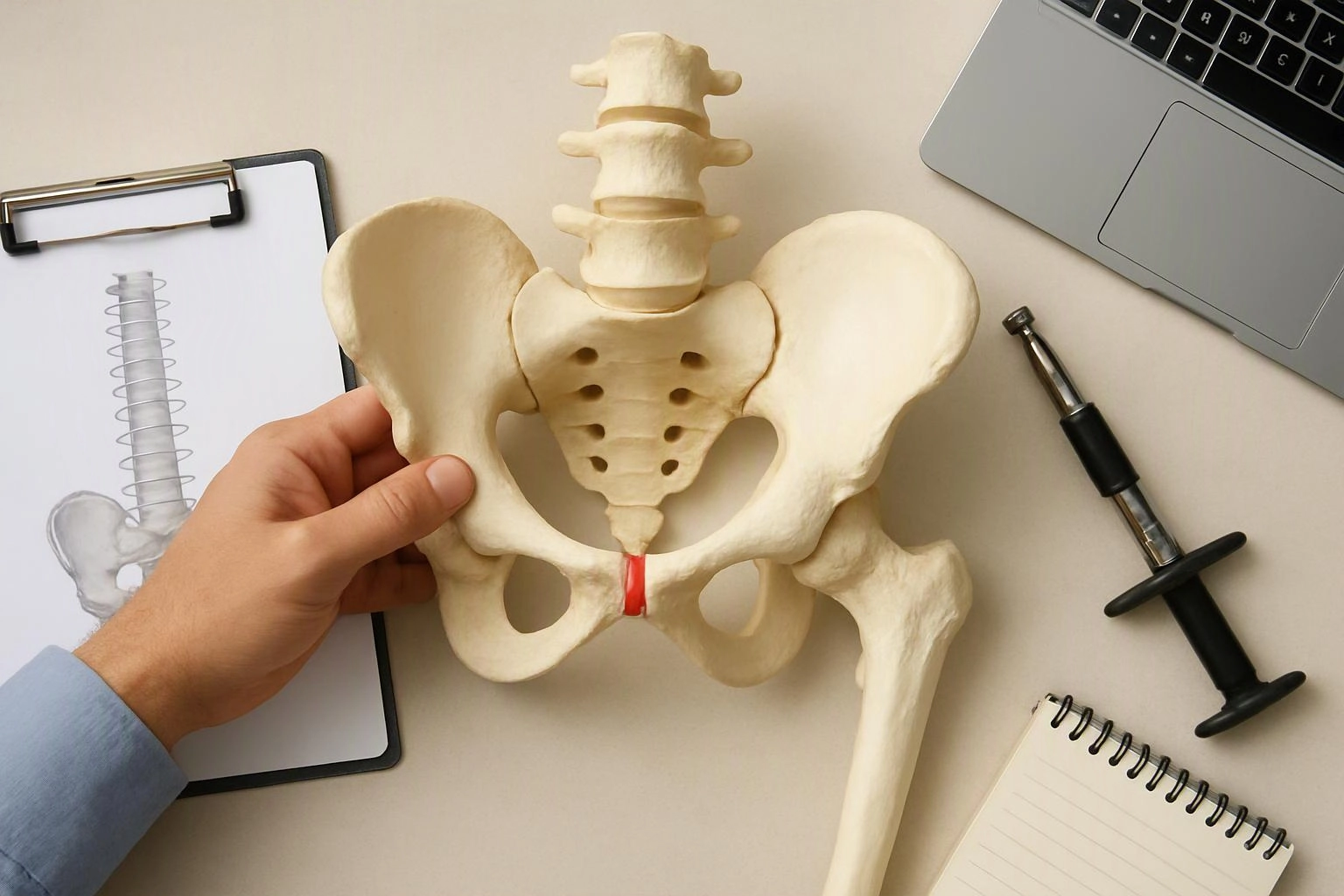 A hand holds a pelvis model beside a clipboard, laptop, syringe, and notepad on a desk